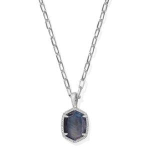Kendra Scott Daphne Silver Pave Frame Short Pendant Necklace in Navy Tiger's Eye